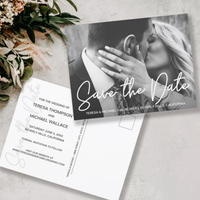 Cartão Postal Noivado De Fotografia De Script Moderno Salva A Da (Modern handlettering wedding Save the date script photo postcard)