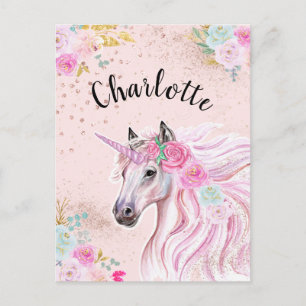 Cartão Postal Nome Brilho Dourado Floral Rosa Teal Unicórnio Gla