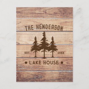 Cartão Postal Nome da família Lago House Pine Tree Personalizado
