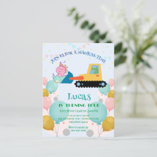Cartão Postal Nome de festa de aniversário DIY trator dinossauro