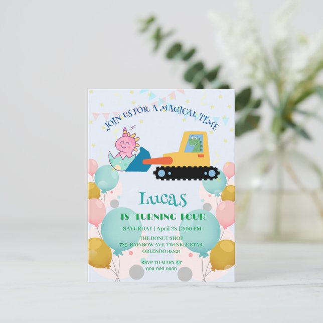 Cartão Postal Nome de festa de aniversário DIY trator dinossauro (Em pé/Frente)