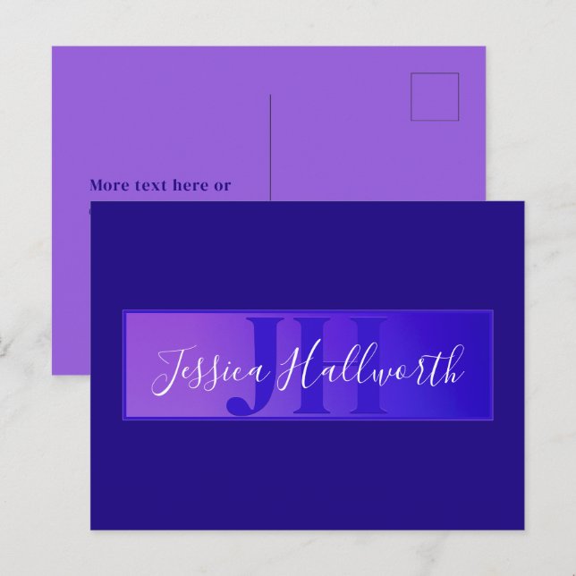 Cartão Postal Nome de Script Elegante Moderno e Monograma Roxo (Frente/Verso)
