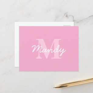 Cartão Postal Nome e Monograma Cursivo Fofo Rosa