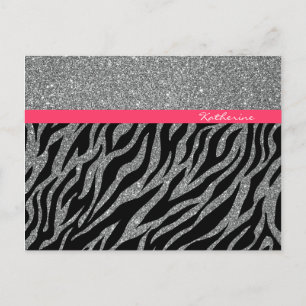 Cartão Postal Nome Glam Zebra Rosa Prata Brilho Feminino Persona