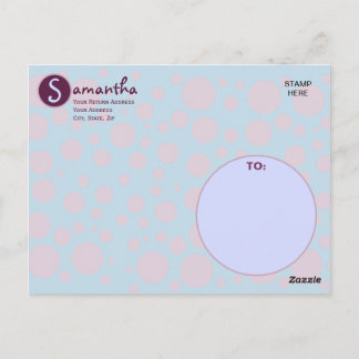 Cartão Postal Nome Inicial Azul Roxo Pontos Bolhas Luas Círculos