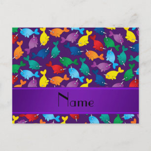 Cartão Postal Nome personalizado arco-íris roxo narvais