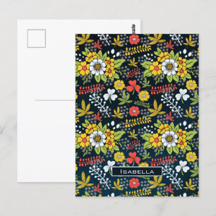 Cartão Postal Nome personalizado padrão floral colorido