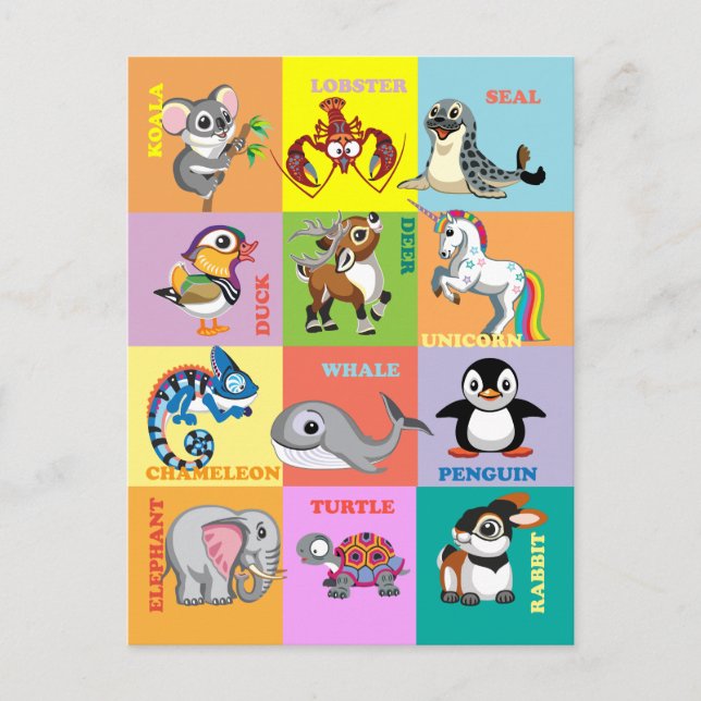 Cartão Postal Nomes de Animais com Imagens de Animais de Cartoon (Frente)