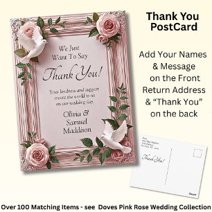 Cartão Postal Nomes & Mensagem em Rosas Rosa & Casamento de Pomb