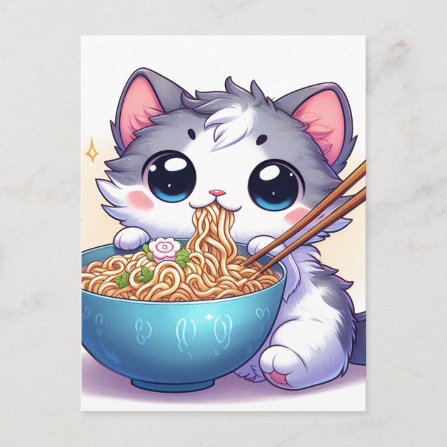Cartão Postal Noodles Adoráveis De Gatinhos De Cartoon Comendo R (Frente)