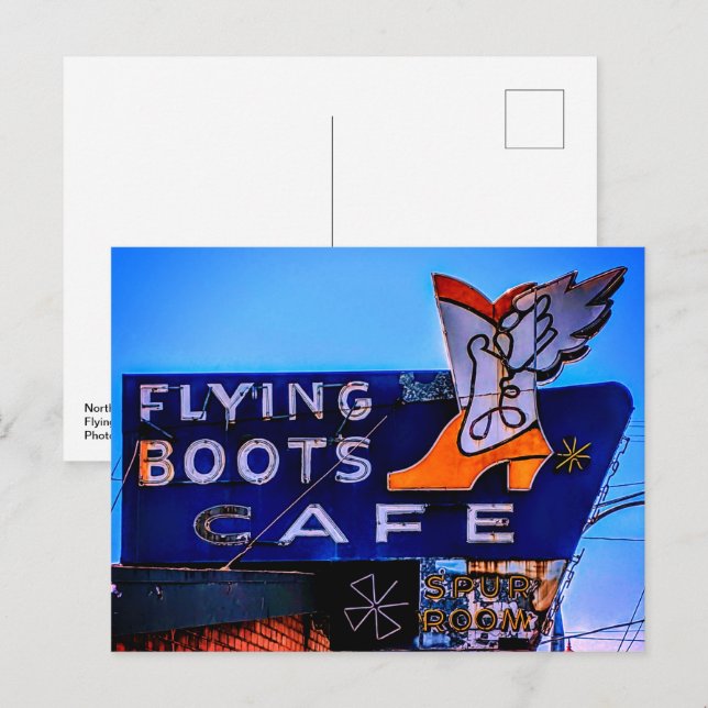 Cartão Postal Nordeste Neon: O Cafe Flying Boots, Tacoma, WA (Frente/Verso)