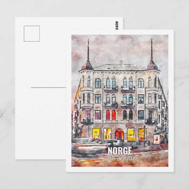 Cartão Postal Norge Oslo Noruega Familiar Viagem Place Watercolo (Frente/Verso)