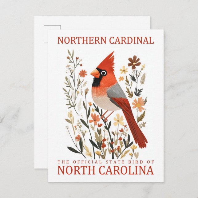 Cartão Postal Norte Cardinal Bird da Carolina do Norte EUA (Frente/Verso)