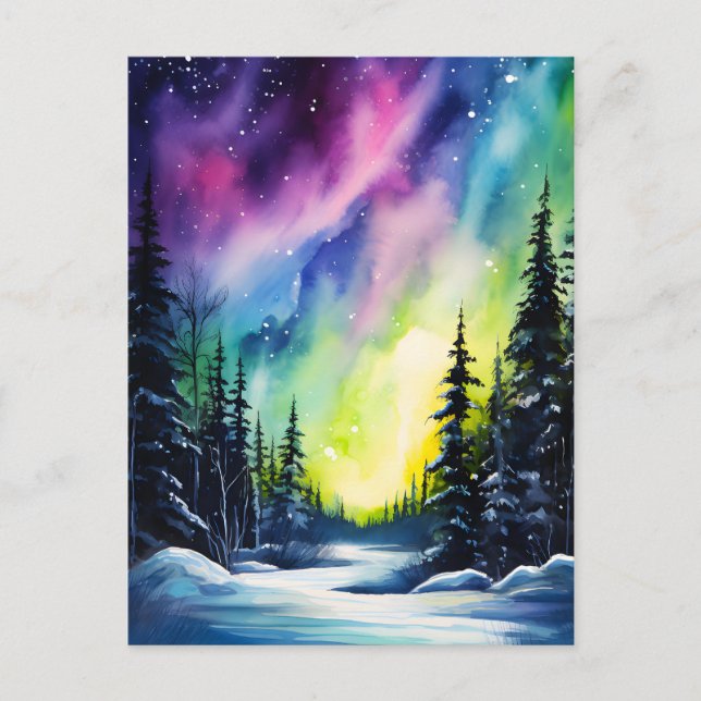 Cartão Postal Norte de Aquarela Luzes aurora borealis (Frente)
