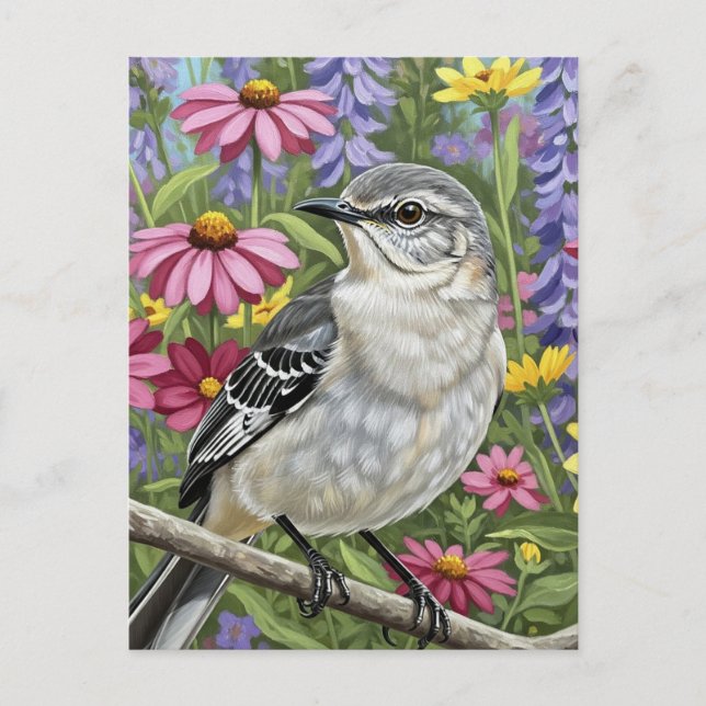 Cartão Postal Norte Mockingbird com Flores (Frente)