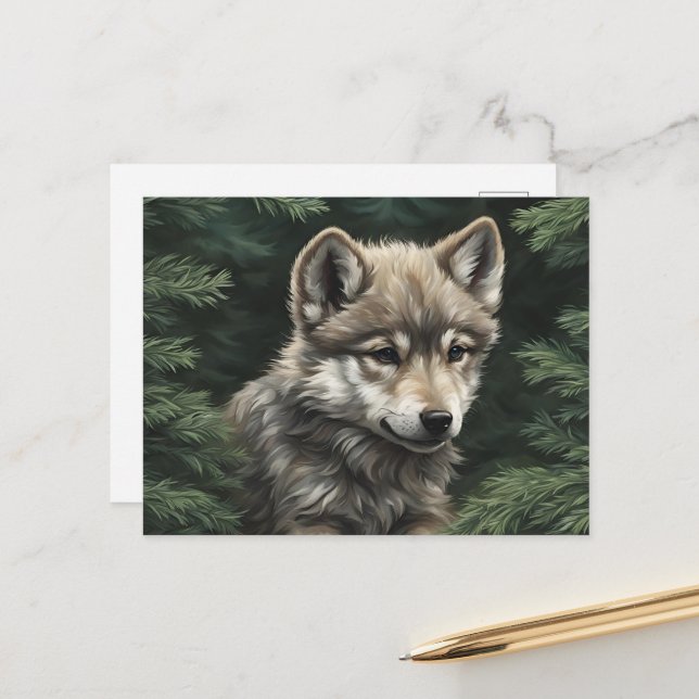 Cartão postal North Woods Wolf Cub (Frente/Verso In Situ)