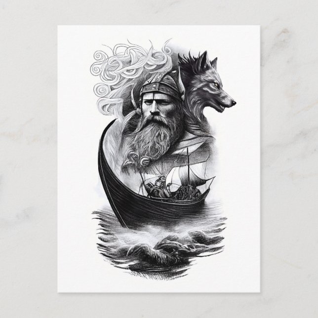 Cartão Postal northern mythology Odin Fenriswolf and viking ship (Frente)