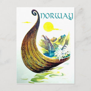 Cartão Postal Noruega, navio viking nos fiordes, viagem vintage