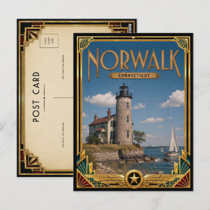 Cartão Postal Norwalk Connecticut Arte Deco Vintage Idade Dourad
