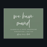 Cartão Postal Nós nos mudamos, Anúncio, Verde Sage Moderno<br><div class="desc">Anuncie e compartilhe seu felizes para sempre com estilo com nosso design de tema moderno (nós nos mudamos) anúncio de nova casa e cartão de por favor, mantenha-se em contato. É ideal para casais que decidiram compartilhar sua felicidade e orgulhosamente informar sua nova casa para sua valiosa família e amigos....</div>