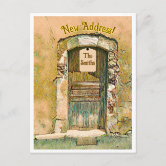 CARTÃO POSTAL NÓS NOS MUDAMOS! PORTA DE MADEIRA RÚSTICA PINTADA