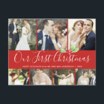 Cartão Postal Nossa Primeira Colagem de Fotos de Feriado 7 de Na<br><div class="desc">Mostre suas fotos de feriado e seu casamento recente com este cartão de colagem de fotos de feriado na moda que diz "Nosso Primeiro Natal" em um roteiro de caligrafia vermelha na moda e nosso sotaque de cor d'água pintado à mão. Perfeito para o casal recém-casado usar como anúncio de...</div>