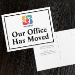 Cartão Postal Nosso escritório mudou o logotipo personalizado de<br><div class="desc">Temos um novo endereço movendo cartões postais para uma empresa moderna,  de negócios ou de chic,  buscando atualizar seus clientes em um novo local. Nosso escritório se mudou. Simples mudança de cartões de endereço da empresa com o seu logotipo corporativo personalizado. Personalize a alteração de endereço no verso.</div>