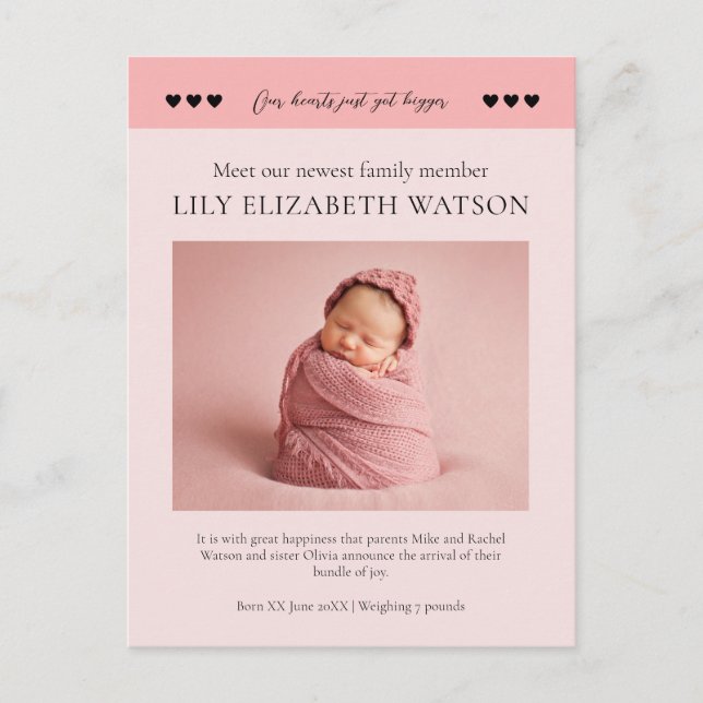 Cartão Postal Nossos corações ficaram maiores, Anúncio de Nascim (Frente)