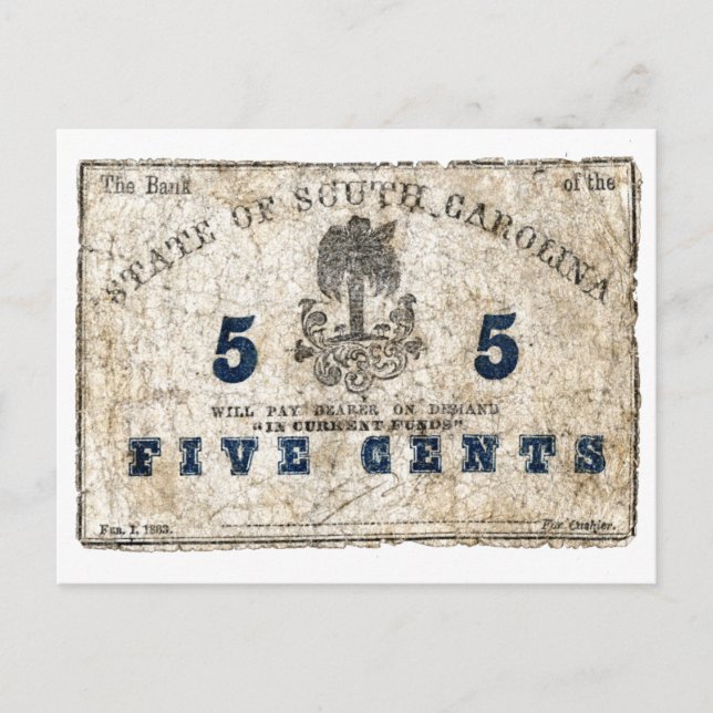 Cartão Postal Nota de 5 Centavos Carolina do Sul 1863 (Frente)
