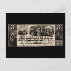 Cartão Postal Nota de Três Dólares do Lafayette Bank 1837