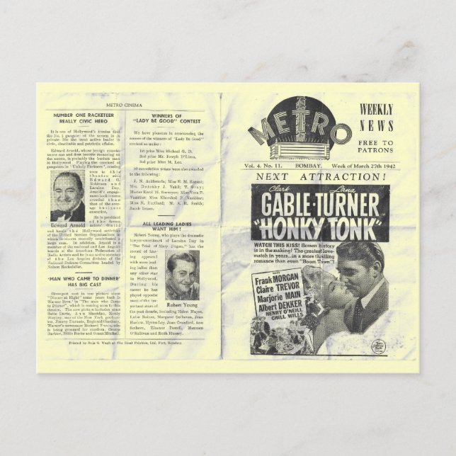 Cartão Postal noticiário de cinema metro! HONKY-TONK (Frente)