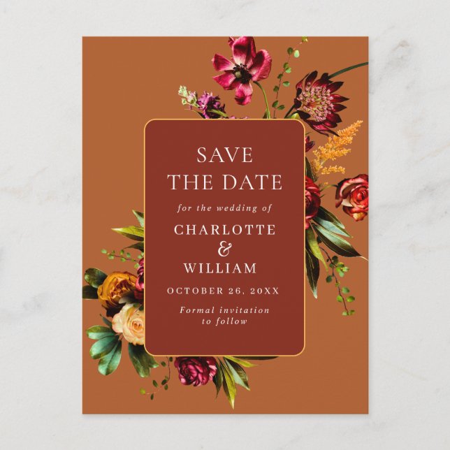 Cartão Postal Nouveau Flores Casando Guarde a Data QR Code (Frente)