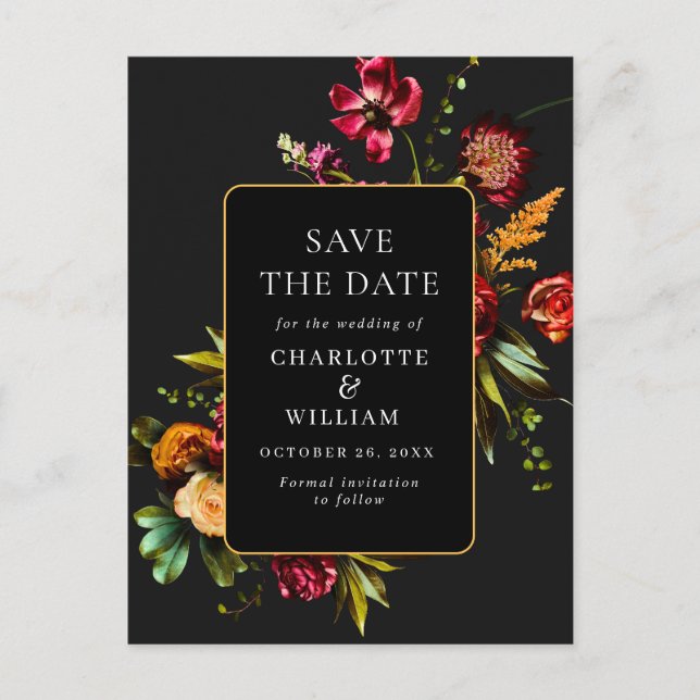 Cartão Postal Nouveau Flores Casando Guarde a Data QR Code (Frente)