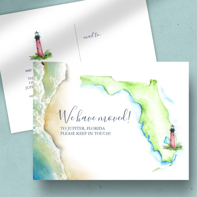 Cartão Postal Nova Casa Júpiter Flórida Estado Mudança Anúncio (New home Florida state moving announcements watercolor map and lighthouse art Victoria Grigaliunas)