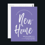 Cartão Postal Nova Casa | Lavanda mínima | Novo Endereço<br><div class="desc">Um cartão-postal de Lavanda sólido mínimo e estilo de script branco que move o anúncio. Ele apresenta um texto grande com as palavras "Nova casa", seguido das informações de endereço abaixo. A maioria dos elementos individuais do cartão de convite estão desbloqueados, portanto, sinta-se livre para alterar ou adicionar os detalhes...</div>