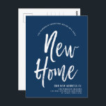 Cartão Postal Nova Casa | Marinho mínimo azul | Novo Endereço<br><div class="desc">Um cartão postal de Marinho sólido mínimo, azul e branco, com estilo de script, movendo o anúncio. Ele apresenta um texto grande com as palavras "Nova casa", seguido das informações de endereço abaixo. A maioria dos elementos individuais do cartão de convite estão desbloqueados, portanto, sinta-se livre para alterar ou adicionar...</div>