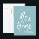 Cartão Postal Nova Casa | Minimamente Robin Egg Blue | Novo Ende<br><div class="desc">Um cartão-postal de lançamento em movimento, em estilo de script, Robin Blue e branco. Ele apresenta um texto grande com as palavras "Nova casa", seguido das informações de endereço abaixo. A maioria dos elementos individuais do cartão de convite estão desbloqueados, portanto, sinta-se livre para alterar ou adicionar os detalhes necessários...</div>