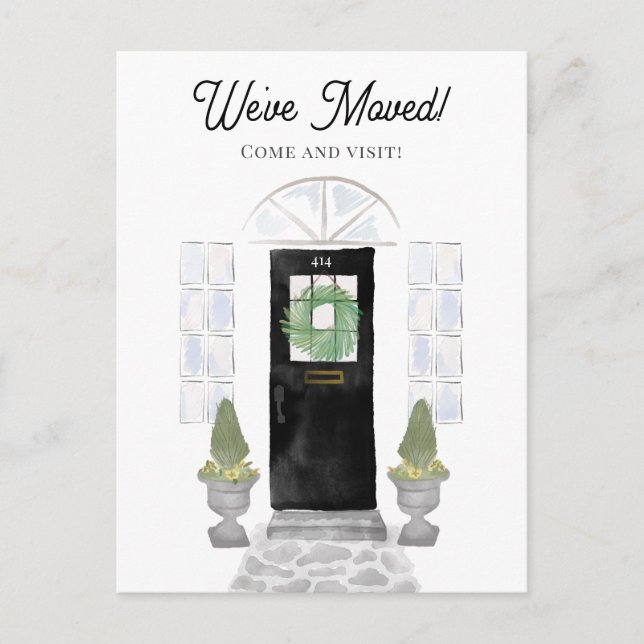 Cartão Postal Nova Casa Mudamos Pintura em Aquarela Porta Preta (Frente)