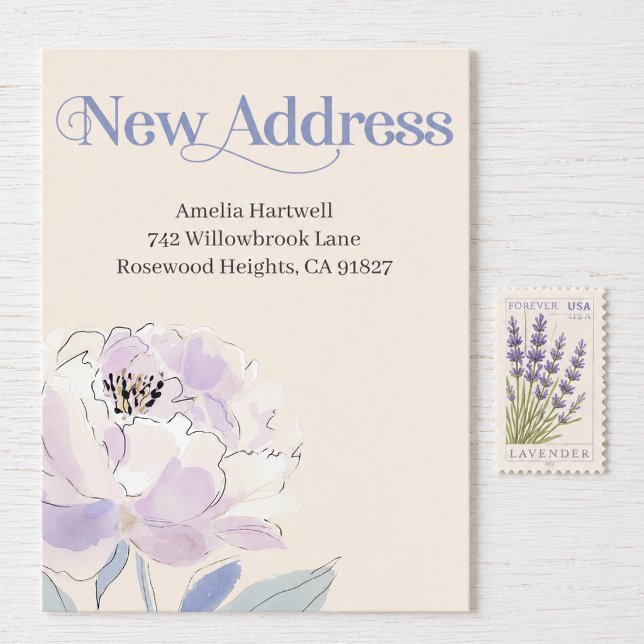 Cartão Postal Nova Endereço Floral Mudança (New Address Card - Beautiful floral watercolor. Let family and friends know that you have moved.)