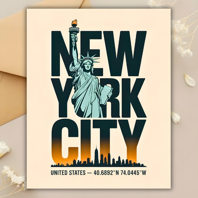 Cartão Postal Nova Iorque Typografia Estátua da Liberdade Skylin (New York City Typography Statue of Liberty Skyline Postcard)