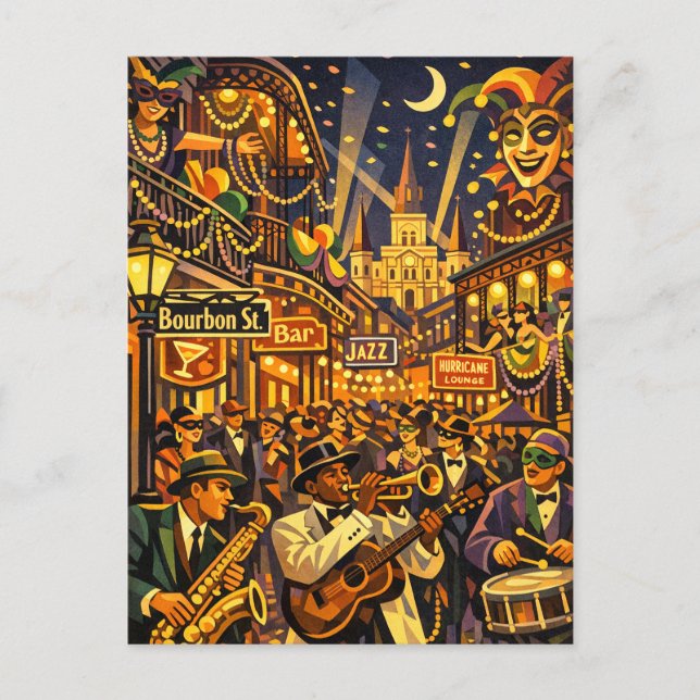 Cartão Postal Nova Orleans no Carnaval Retro Estilo Art Déco (Frente)