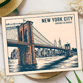 Cartão Postal Nova York Brooklyn Bridge Skyline Bold Retro Viage