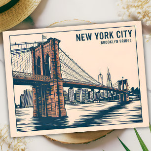 Cartão Postal Nova York Brooklyn Bridge Skyline Bold Retro Viage