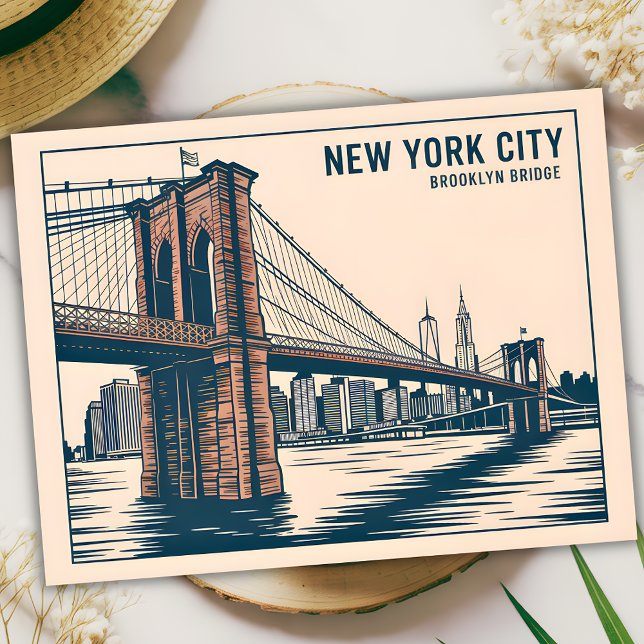 Cartão Postal Nova York Brooklyn Bridge Skyline Bold Retro Viage (New York Brooklyn Bridge Skyline Bold Retro Travel Postcard)