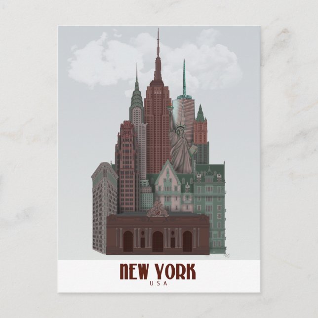 Cartão Postal Nova York em Nuvens - Vermelho Escuro e Verde (Frente)