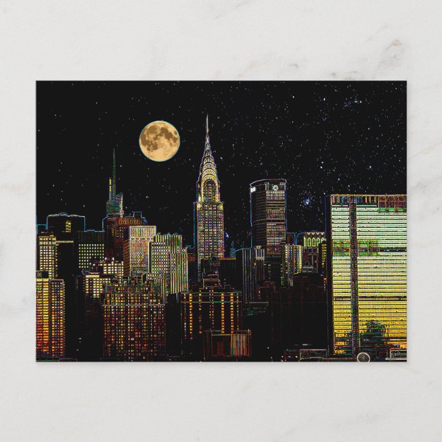 Cartão Postal Nova York Skyline À Noite Com Lua Cheia (Frente)