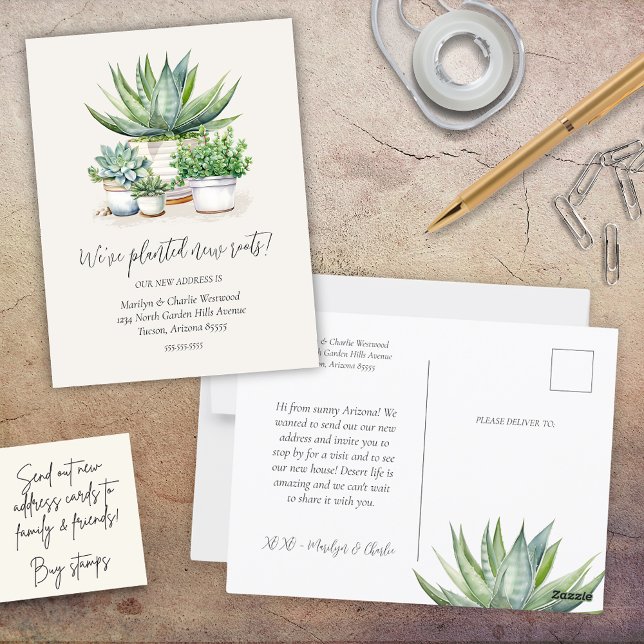 Cartão Postal Novas Raízes Foram Planejadas Com Êxito E Mudaram  (simple minimalist succulent potted plants theme we planted new roots change of address postcards)