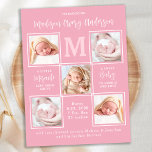 Cartão Postal Novo anúncio de nascimento do bebê cor-de-rosa com<br><div class="desc">Anuncie seu novo bebê aos amigos e à família com esses cartões de nascimento elegantes, divertidos, modernos e únicos de colagem de fotos. Personalize com 5 fotos e personalize com monograma inicial, nome, estatísticas de natalidade. Citação inspiradora: "Um pequeno milagre enviado de cima, um doce bebê para abraçar e amar"....</div>
