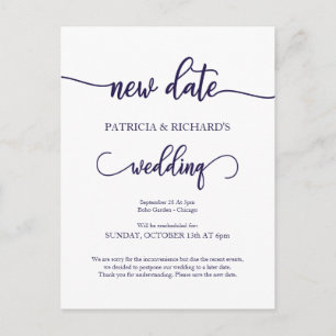 Cartão Postal Novo Casamento Adiado Data Azul-Marinho Script