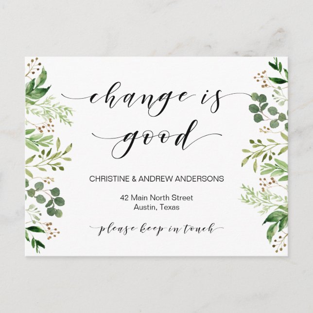 Cartão Postal Novo Endereço Doméstico, Verde, Anúncio em Movimen (Frente)